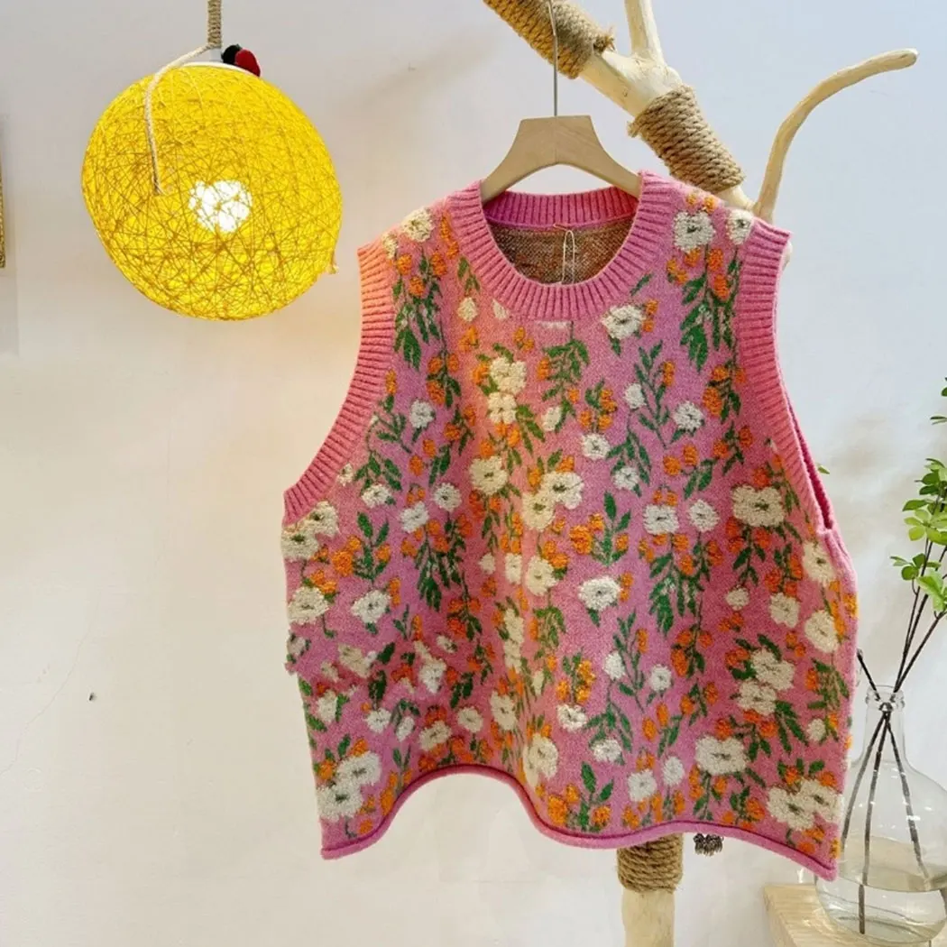 Korean Style Pink Peach Blossom Knitted Vest For Women Fashion Flower Embroidery Sweater Vest O Neck Pullover Knitwear