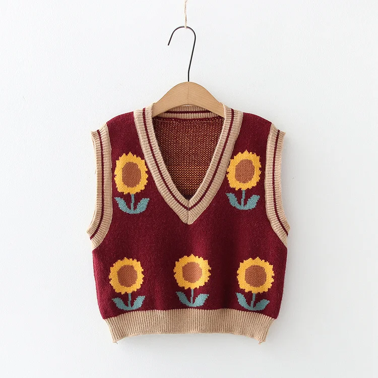 Korean Style Pink Peach Blossom Knitted Vest For Women Fashion Flower Embroidery Sweater Vest O Neck Pullover Knitwear