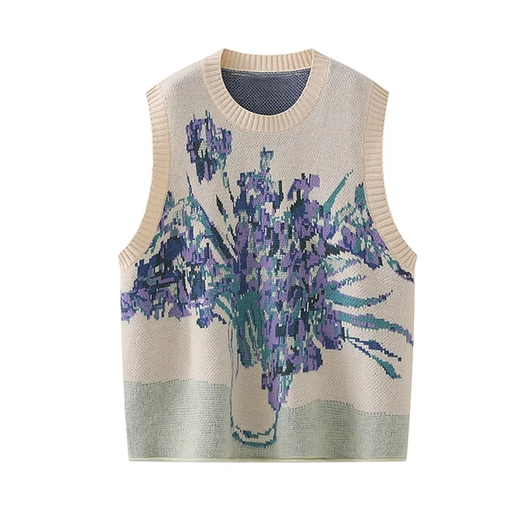 Korean Style Pink Peach Blossom Knitted Vest For Women Fashion Flower Embroidery Sweater Vest O Neck Pullover Knitwear