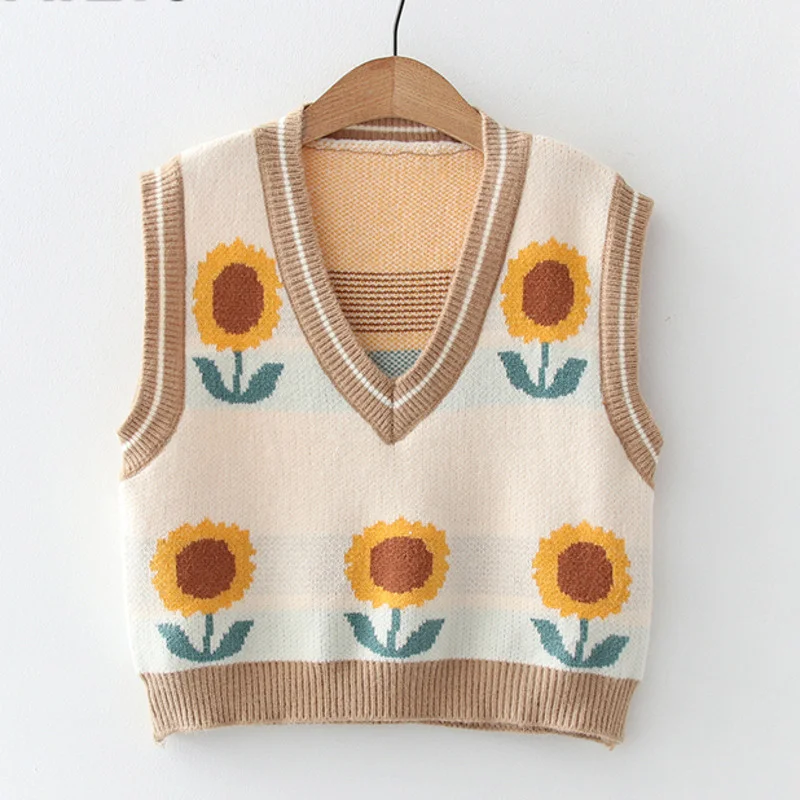 Korean Style Pink Peach Blossom Knitted Vest For Women Fashion Flower Embroidery Sweater Vest O Neck Pullover Knitwear