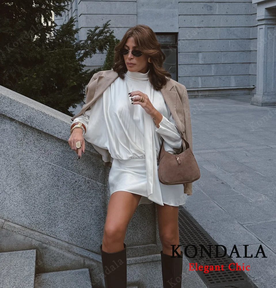 KONDALA Elegant Satin Scarf Collar Party Dress Women's High Street Dating Long Sleeve Mini Dress 2025 Fall Fashion Ladies Dress