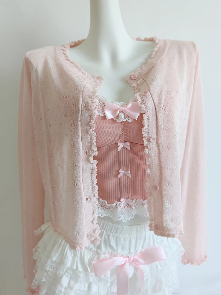 Sweet Crop Top Women Lace Trim Cotton Cropped Bows Bead Decoration Pink White Cute Camis Sweet Girls Lolita Style Kawaii Clothes