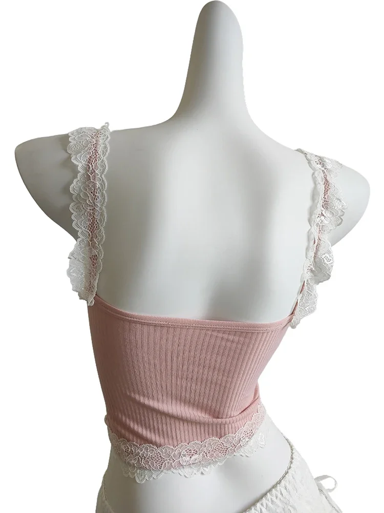Sweet Crop Top Women Lace Trim Cotton Cropped Bows Bead Decoration Pink White Cute Camis Sweet Girls Lolita Style Kawaii Clothes