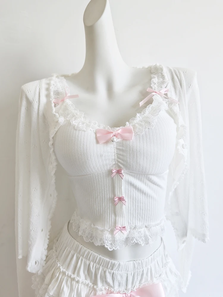 Sweet Crop Top Women Lace Trim Cotton Cropped Bows Bead Decoration Pink White Cute Camis Sweet Girls Lolita Style Kawaii Clothes