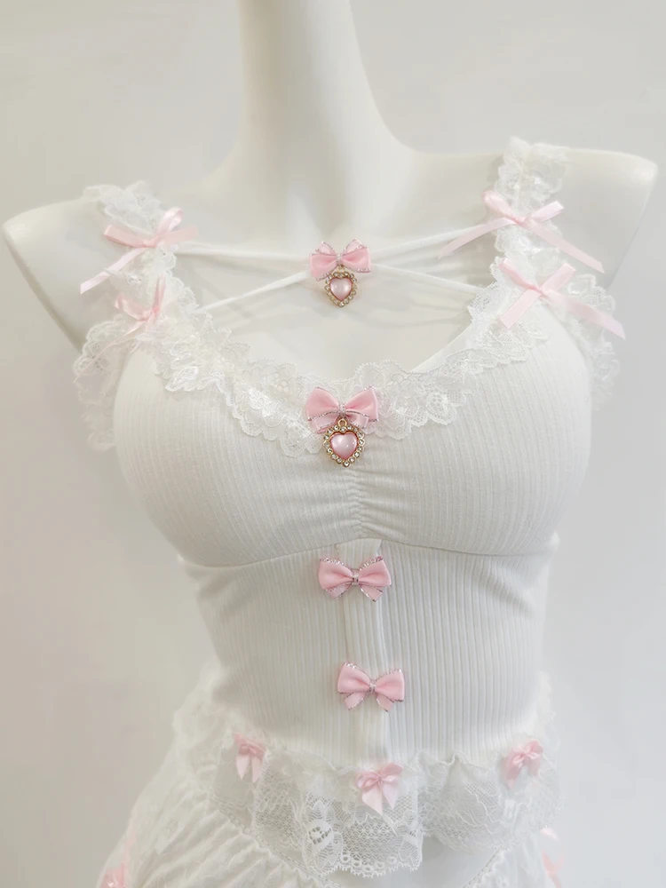 Sweet Crop Top Women Lace Trim Cotton Cropped Bows Bead Decoration Pink White Cute Camis Sweet Girls Lolita Style Kawaii Clothes