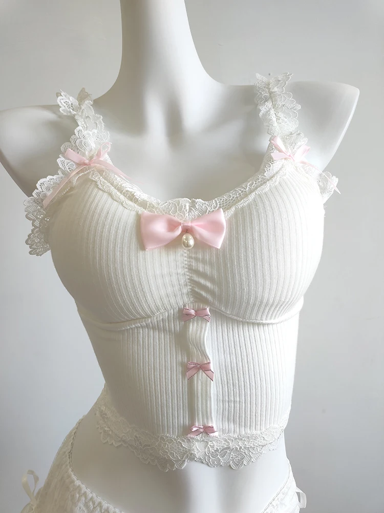 Sweet Crop Top Women Lace Trim Cotton Cropped Bows Bead Decoration Pink White Cute Camis Sweet Girls Lolita Style Kawaii Clothes