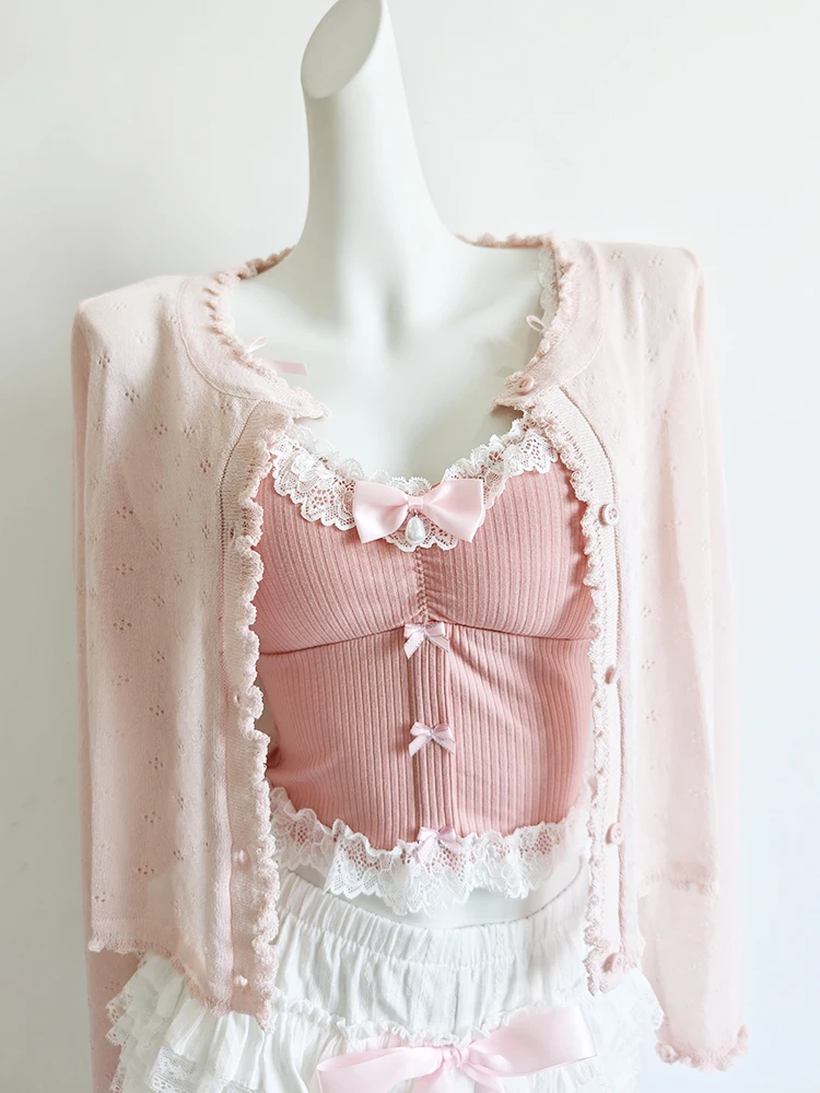 Sweet Crop Top Women Lace Trim Cotton Cropped Bows Bead Decoration Pink White Cute Camis Sweet Girls Lolita Style Kawaii Clothes