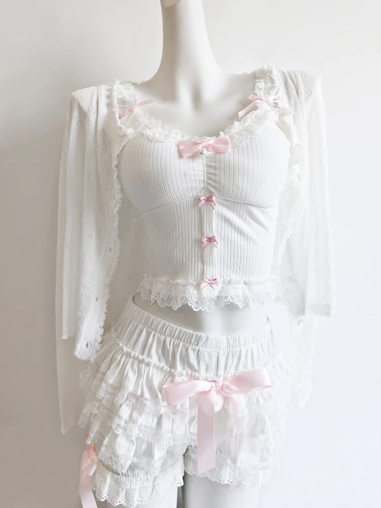Sweet Crop Top Women Lace Trim Cotton Cropped Bows Bead Decoration Pink White Cute Camis Sweet Girls Lolita Style Kawaii Clothes