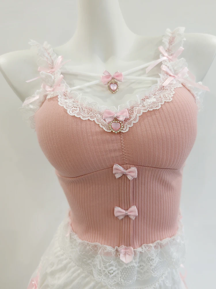 Sweet Crop Top Women Lace Trim Cotton Cropped Bows Bead Decoration Pink White Cute Camis Sweet Girls Lolita Style Kawaii Clothes
