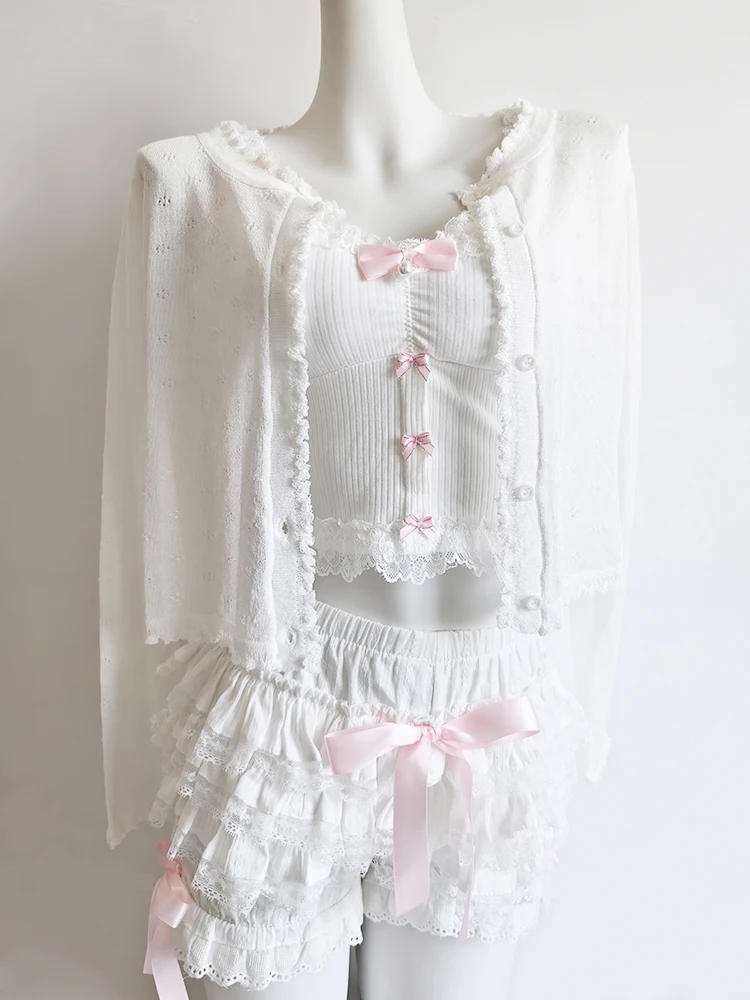 Sweet Crop Top Women Lace Trim Cotton Cropped Bows Bead Decoration Pink White Cute Camis Sweet Girls Lolita Style Kawaii Clothes