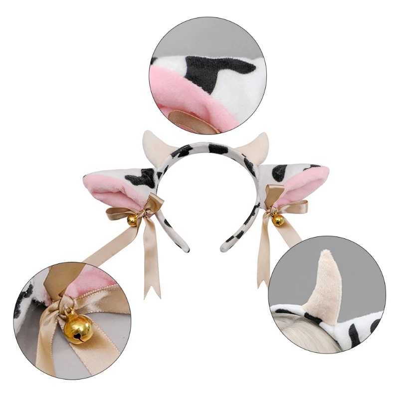 Cartoon Plush Cow Ears Headband With Bells Ribbon Bow Anime Lolita Hair Hoop Kawaii Animal Party Cosplay Headpiece