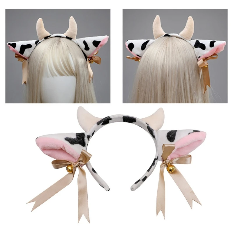 Cartoon Plush Cow Ears Headband With Bells Ribbon Bow Anime Lolita Hair Hoop Kawaii Animal Party Cosplay Headpiece