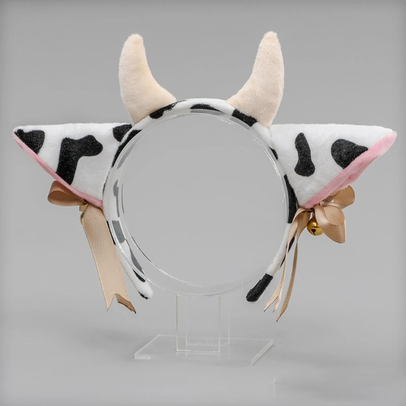 Cartoon Plush Cow Ears Headband With Bells Ribbon Bow Anime Lolita Hair Hoop Kawaii Animal Party Cosplay Headpiece