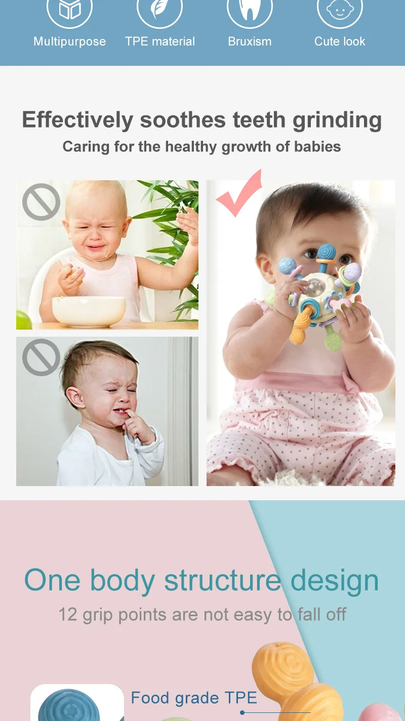 Baby Toys 0 12 Months Rotating Rattle Ball Grasping Activity Baby Development Toy Silicone Teether Baby Sensory Toys for Babies