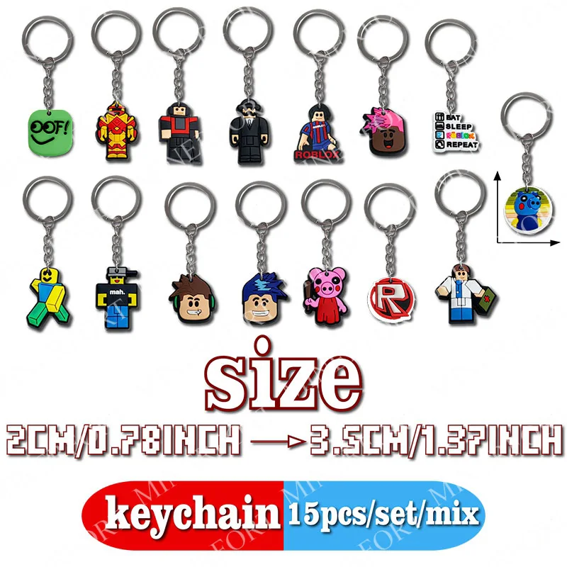 15Pcs Game Roblox Themed Keychain Creative Peripheral Cartoon Characters Soft Car for Hanging Bag Pendant Decoration Daily Gift