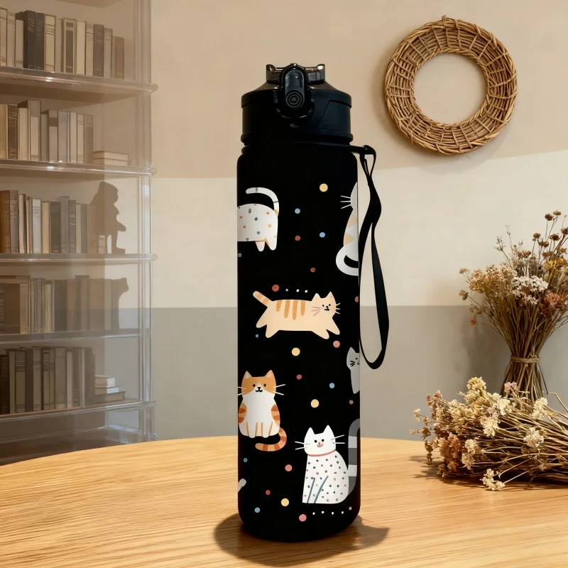 3D Printed Cute Cartoon Cat PVC-Free, Leak-Proof, Matte Finish 750ML Water Bottle,Includes Carry Loop Outdoor Activities