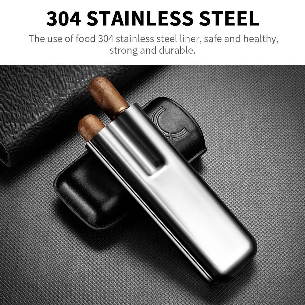 Stainless Steel Cigar Case Humidor Anti-pressure Luxury Cow Leather Cigar Humidor Case Moisturizing Portable Travel Cigar Case