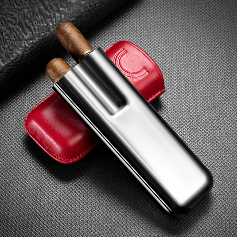 Stainless Steel Cigar Case Humidor Anti-pressure Luxury Cow Leather Cigar Humidor Case Moisturizing Portable Travel Cigar Case