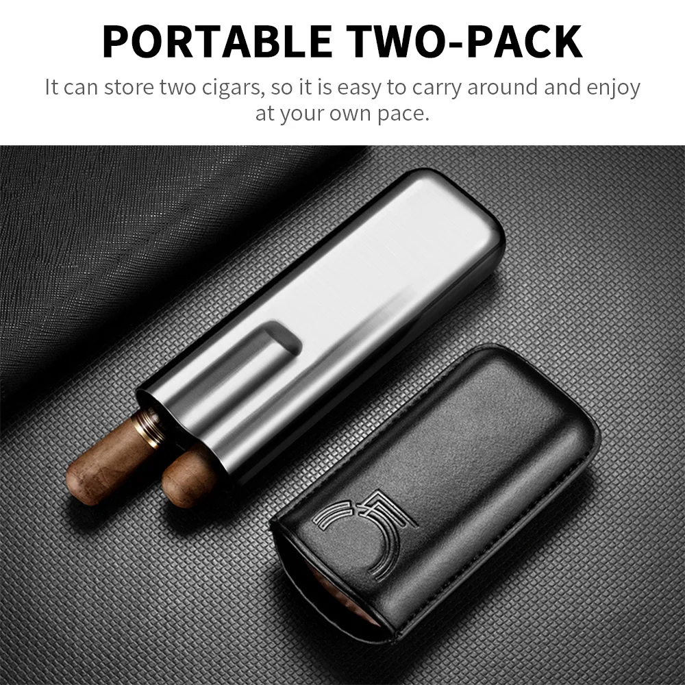 Stainless Steel Cigar Case Humidor Anti-pressure Luxury Cow Leather Cigar Humidor Case Moisturizing Portable Travel Cigar Case