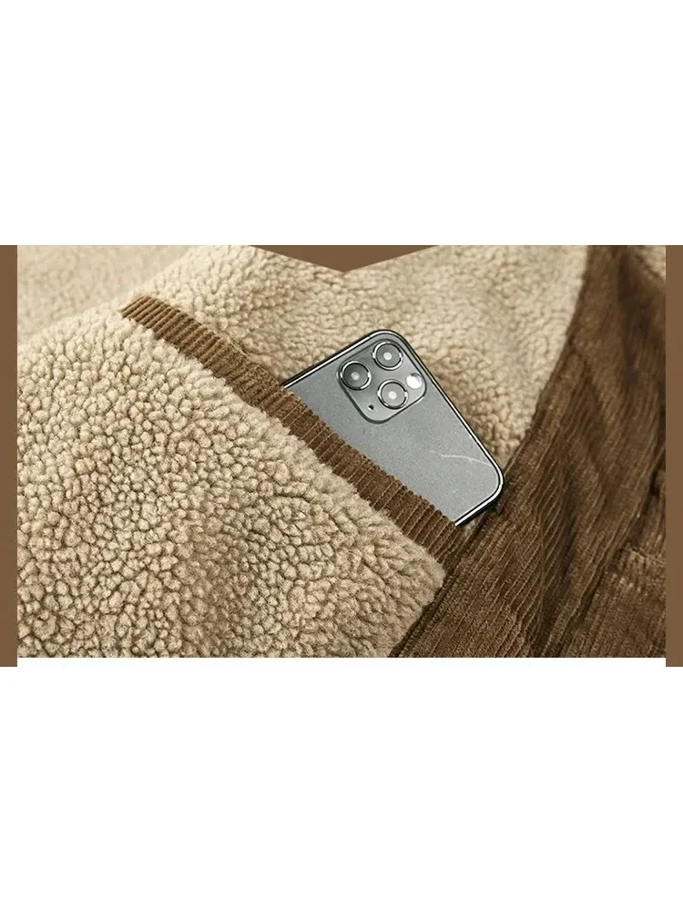 Harajuku Male Cotton Jackets Padded Warm Loose Parka Coat Corduroy Short Jacket Man Solid Fur Collar Windbreaker Winter Fleece