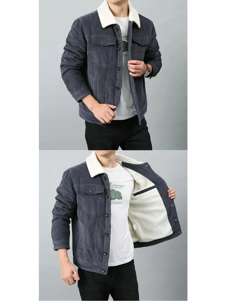 Harajuku Male Cotton Jackets Padded Warm Loose Parka Coat Corduroy Short Jacket Man Solid Fur Collar Windbreaker Winter Fleece