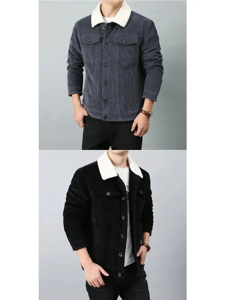 Harajuku Male Cotton Jackets Padded Warm Loose Parka Coat Corduroy Short Jacket Man Solid Fur Collar Windbreaker Winter Fleece