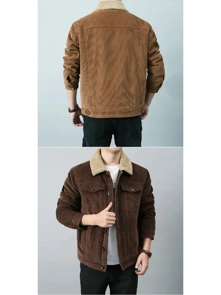 Harajuku Male Cotton Jackets Padded Warm Loose Parka Coat Corduroy Short Jacket Man Solid Fur Collar Windbreaker Winter Fleece