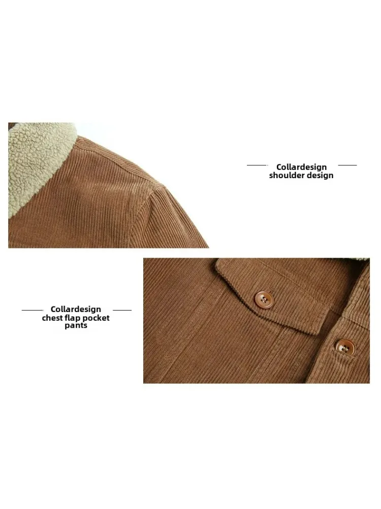 Harajuku Male Cotton Jackets Padded Warm Loose Parka Coat Corduroy Short Jacket Man Solid Fur Collar Windbreaker Winter Fleece