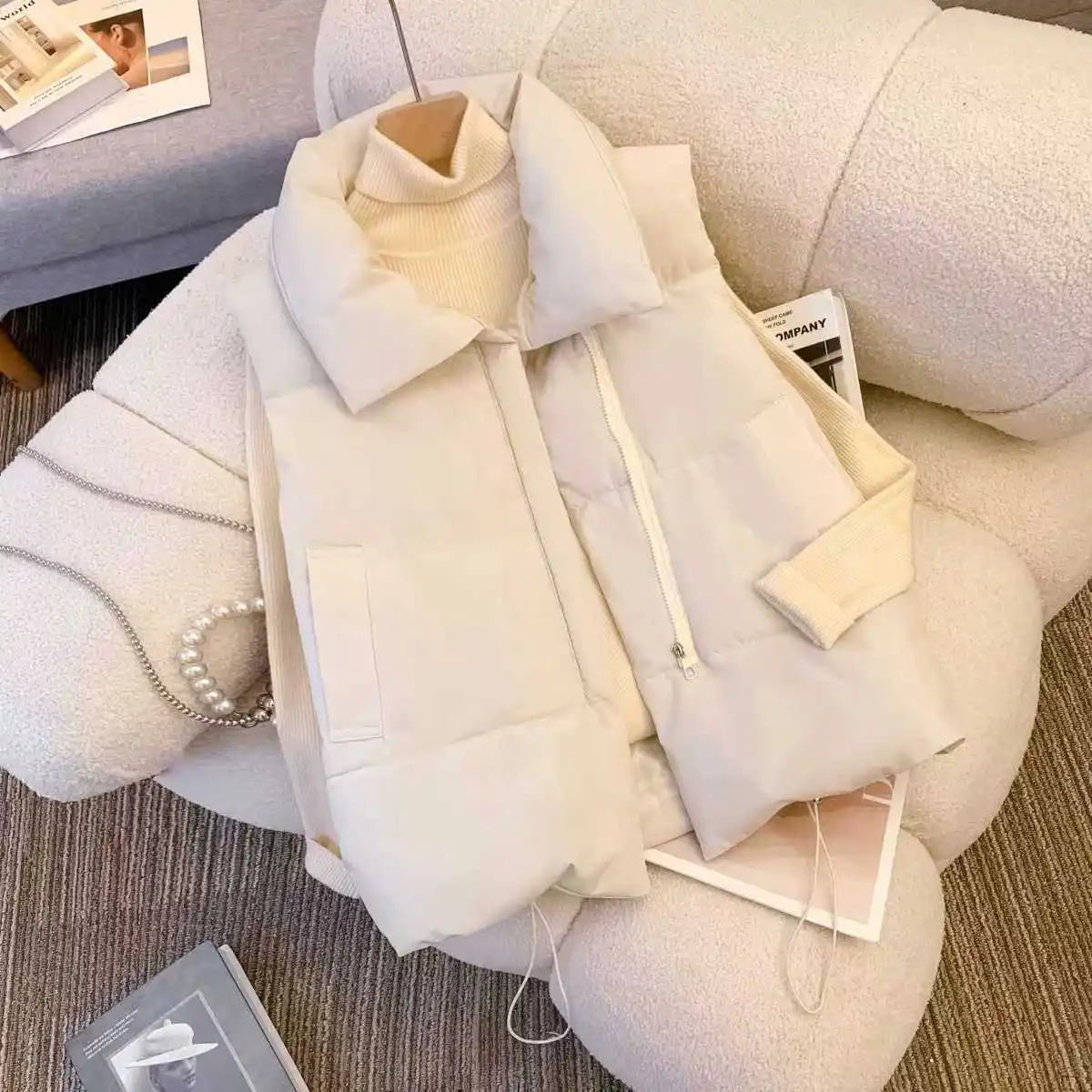 Oversizes Zipper Down Cotton Vest Loose Women Autumn Winter Casual Waistcoat Clothing Sleeveless Solid Color Basics Jacket Top