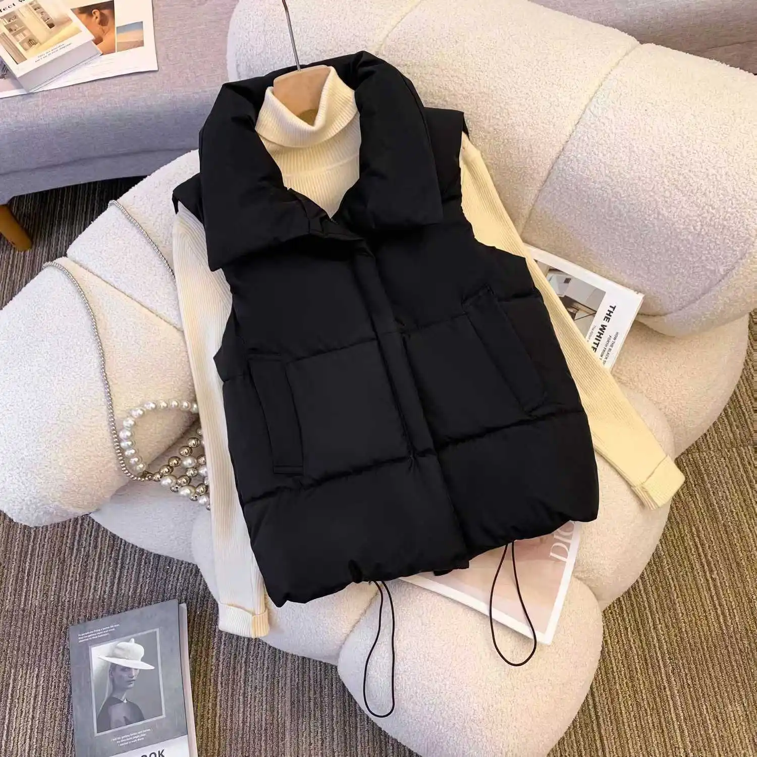 Oversizes Zipper Down Cotton Vest Loose Women Autumn Winter Casual Waistcoat Clothing Sleeveless Solid Color Basics Jacket Top
