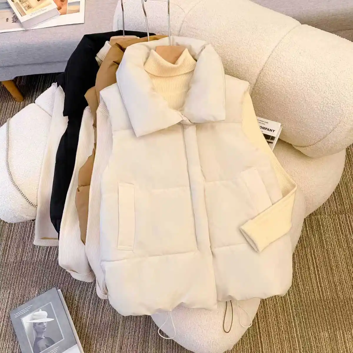 Oversizes Zipper Down Cotton Vest Loose Women Autumn Winter Casual Waistcoat Clothing Sleeveless Solid Color Basics Jacket Top