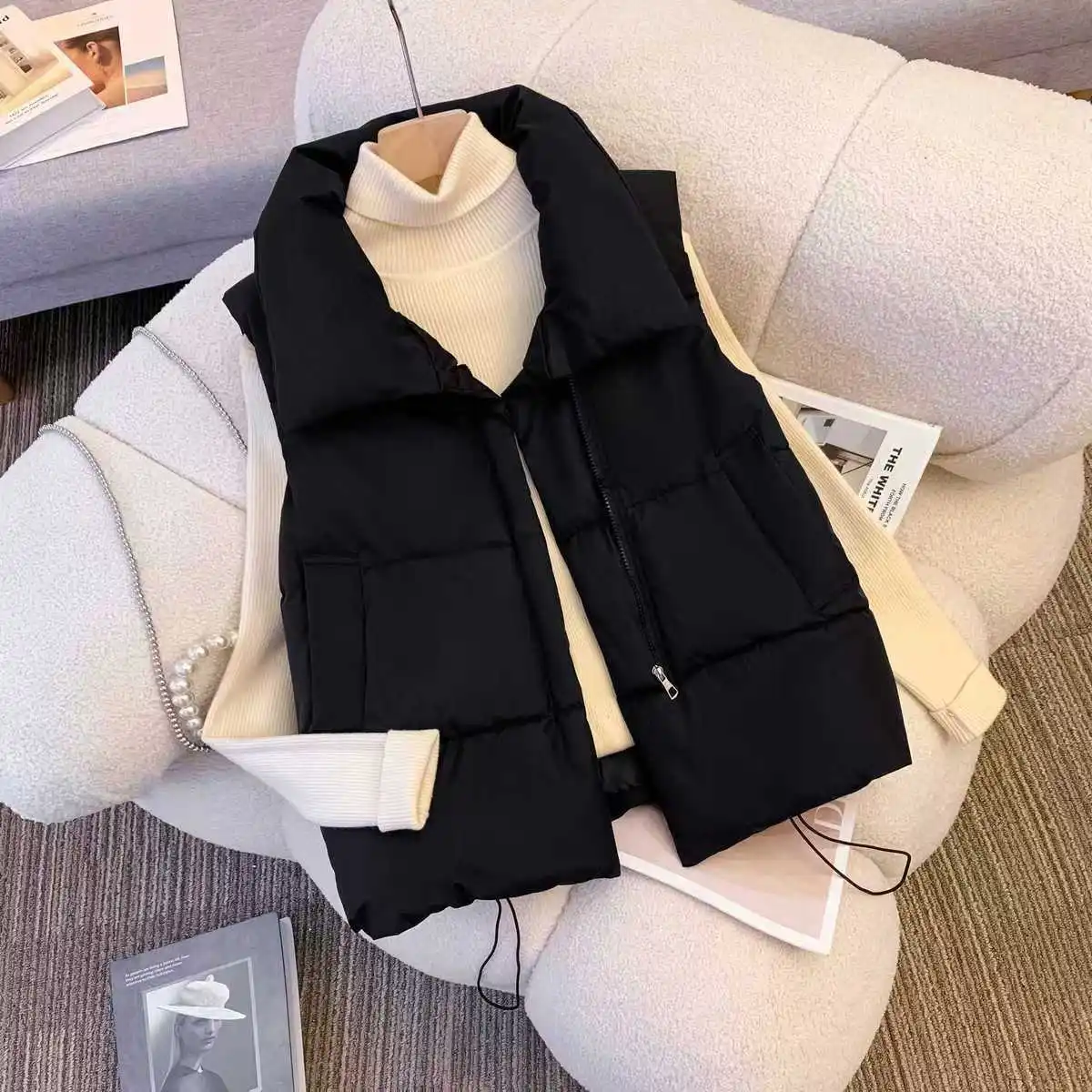 Oversizes Zipper Down Cotton Vest Loose Women Autumn Winter Casual Waistcoat Clothing Sleeveless Solid Color Basics Jacket Top