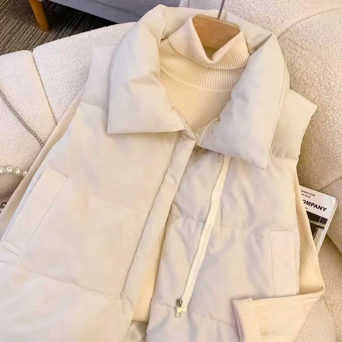 Oversizes Zipper Down Cotton Vest Loose Women Autumn Winter Casual Waistcoat Clothing Sleeveless Solid Color Basics Jacket Top