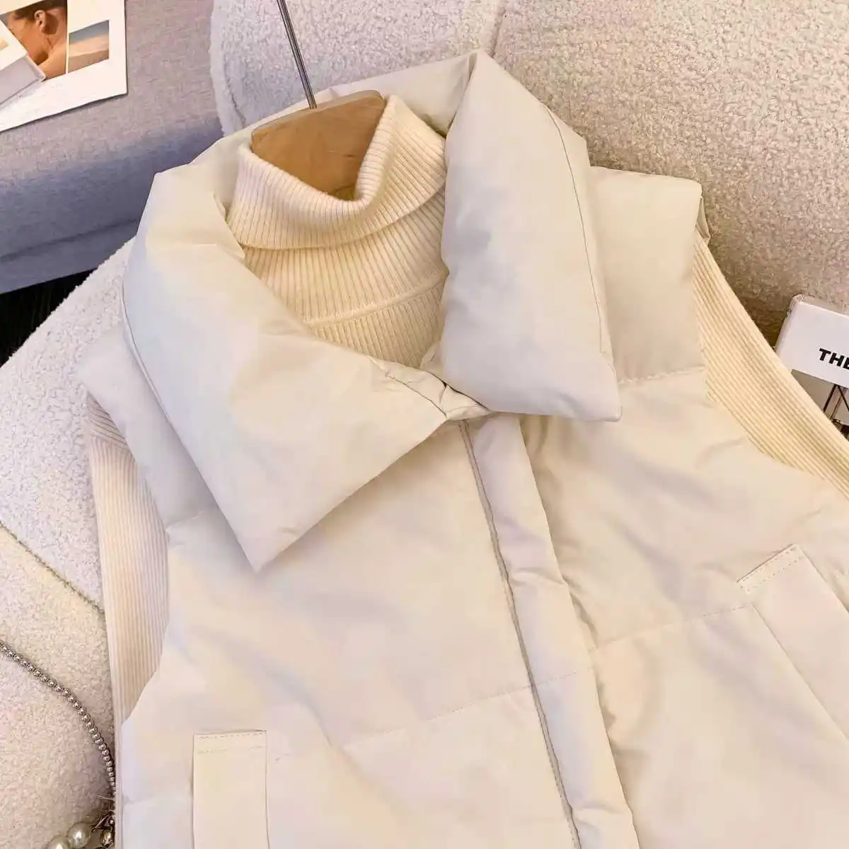 Oversizes Zipper Down Cotton Vest Loose Women Autumn Winter Casual Waistcoat Clothing Sleeveless Solid Color Basics Jacket Top