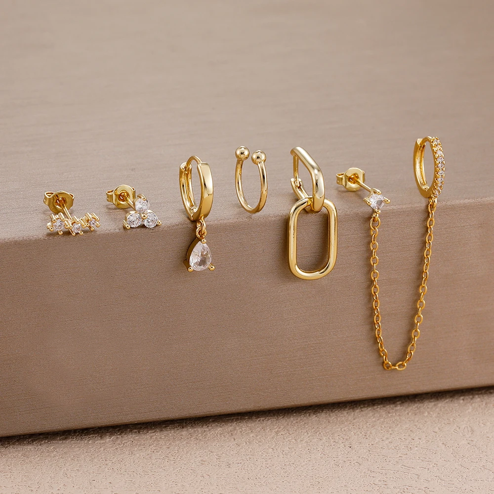 6PCS Stainless Steel Chain Pendant Cubic Zircon Hoop Earrings Set For Women Y2K 14K Gold Plated Huggie Piercing Jewelry aretes