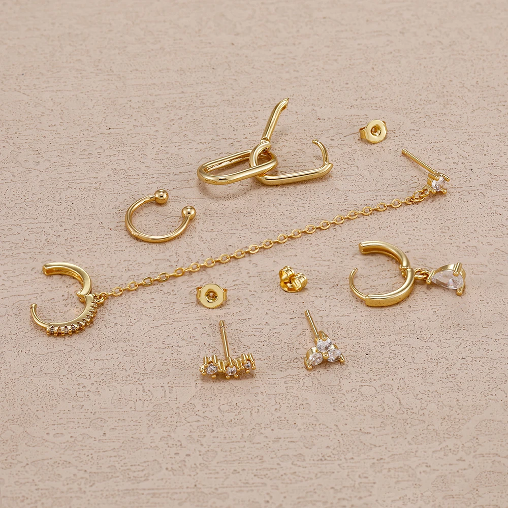 6PCS Stainless Steel Chain Pendant Cubic Zircon Hoop Earrings Set For Women Y2K 14K Gold Plated Huggie Piercing Jewelry aretes