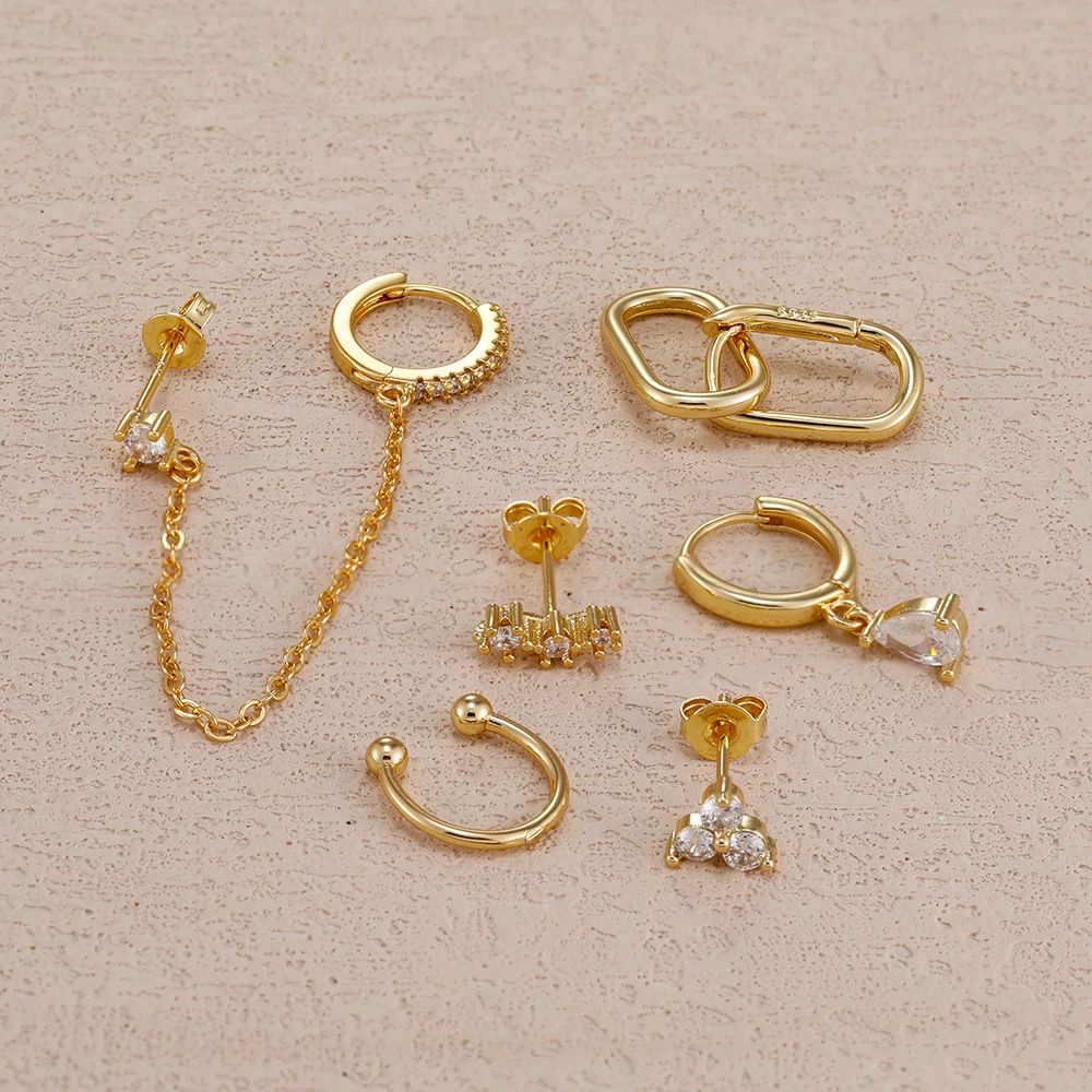 6PCS Stainless Steel Chain Pendant Cubic Zircon Hoop Earrings Set For Women Y2K 14K Gold Plated Huggie Piercing Jewelry aretes