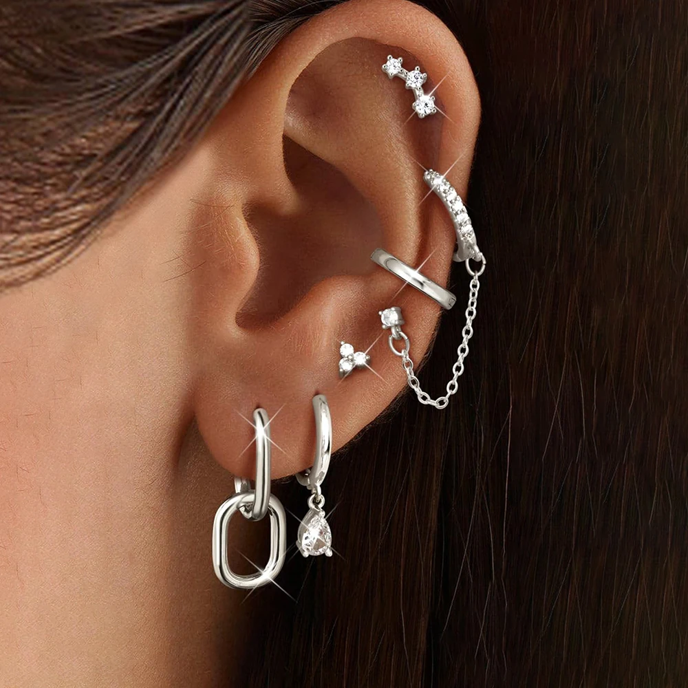 6PCS Stainless Steel Chain Pendant Cubic Zircon Hoop Earrings Set For Women Y2K 14K Gold Plated Huggie Piercing Jewelry aretes
