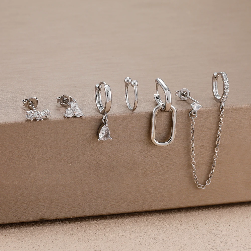 6PCS Stainless Steel Chain Pendant Cubic Zircon Hoop Earrings Set For Women Y2K 14K Gold Plated Huggie Piercing Jewelry aretes