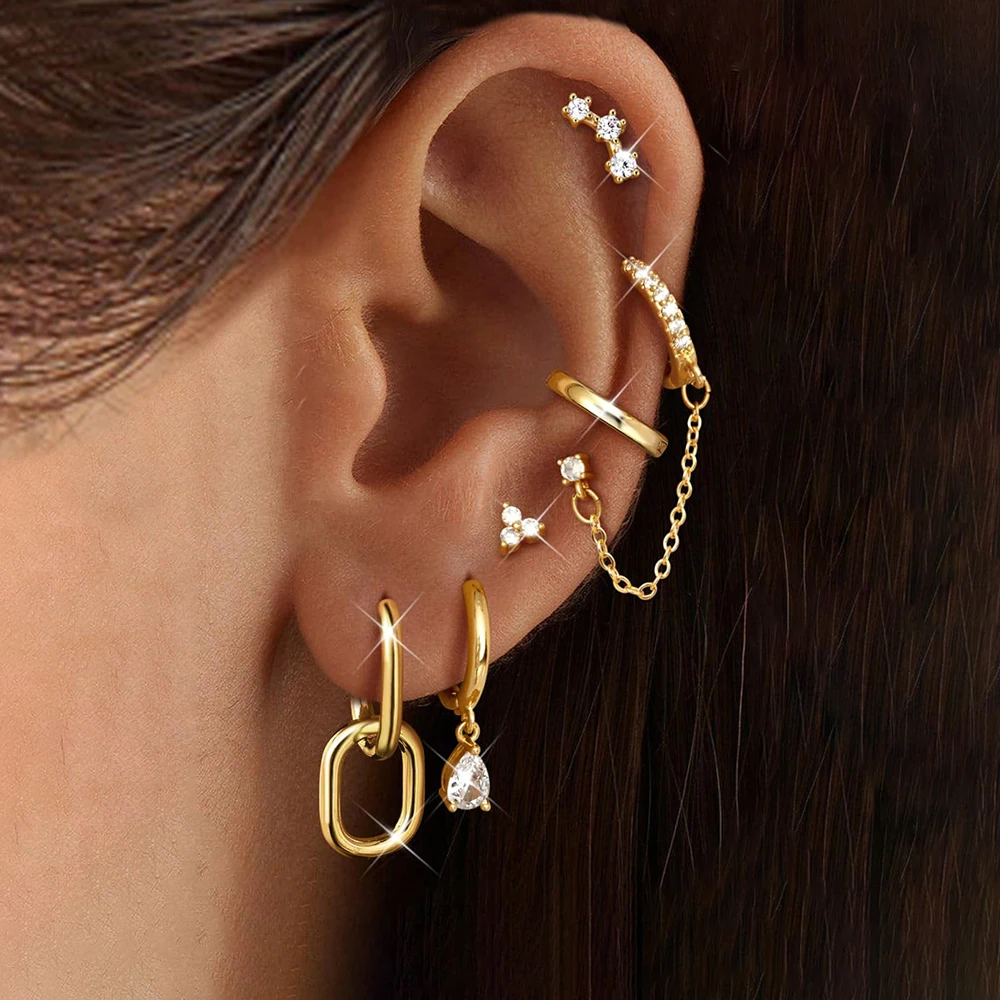 6PCS Stainless Steel Chain Pendant Cubic Zircon Hoop Earrings Set For Women Y2K 14K Gold Plated Huggie Piercing Jewelry aretes