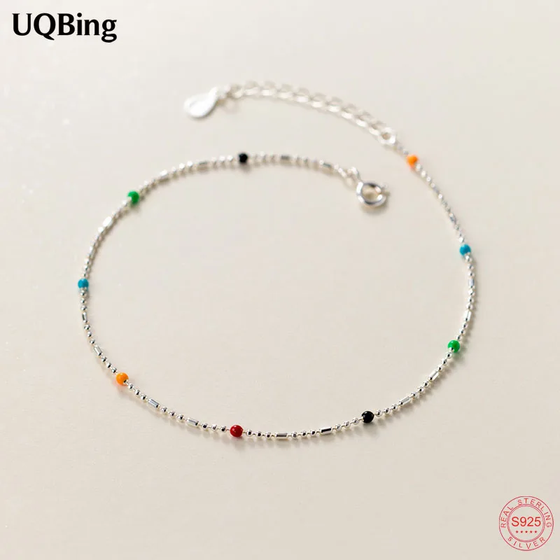 S925 Sterling Silver Colorful Round Beads Anklet Foot Jewelry for Women