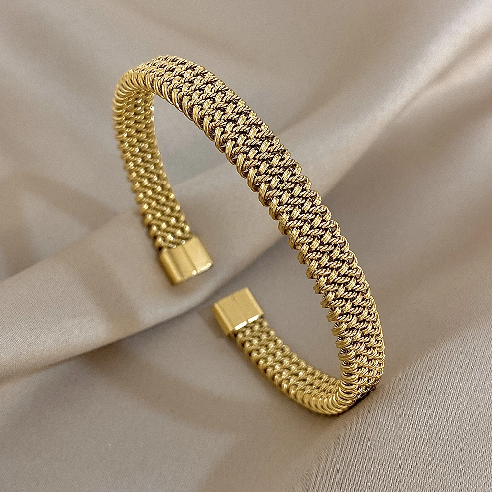Vintage Golden Stainless Steel Weave Bracelet for Women Men Trendy 5 7 10 14mm Size Chunky Bangle Bracelets Waterproof Jewelry