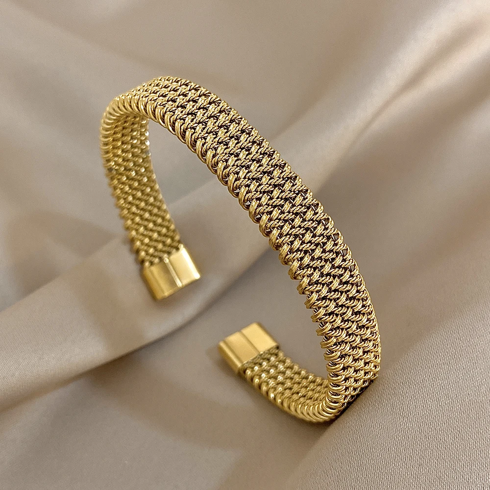 Vintage Golden Stainless Steel Weave Bracelet for Women Men Trendy 5 7 10 14mm Size Chunky Bangle Bracelets Waterproof Jewelry