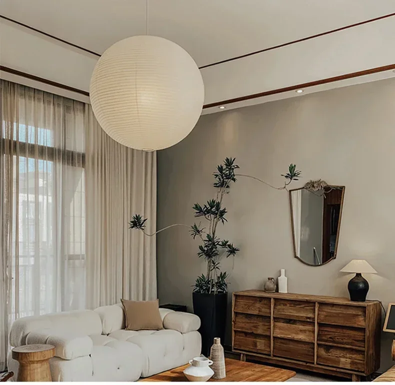 Japanese Wabi Sabi Style Ball Retro Paper Lamp LED Ball Shaped Bedroom Clothing Store Xuan Paper Homestay Pendant Light