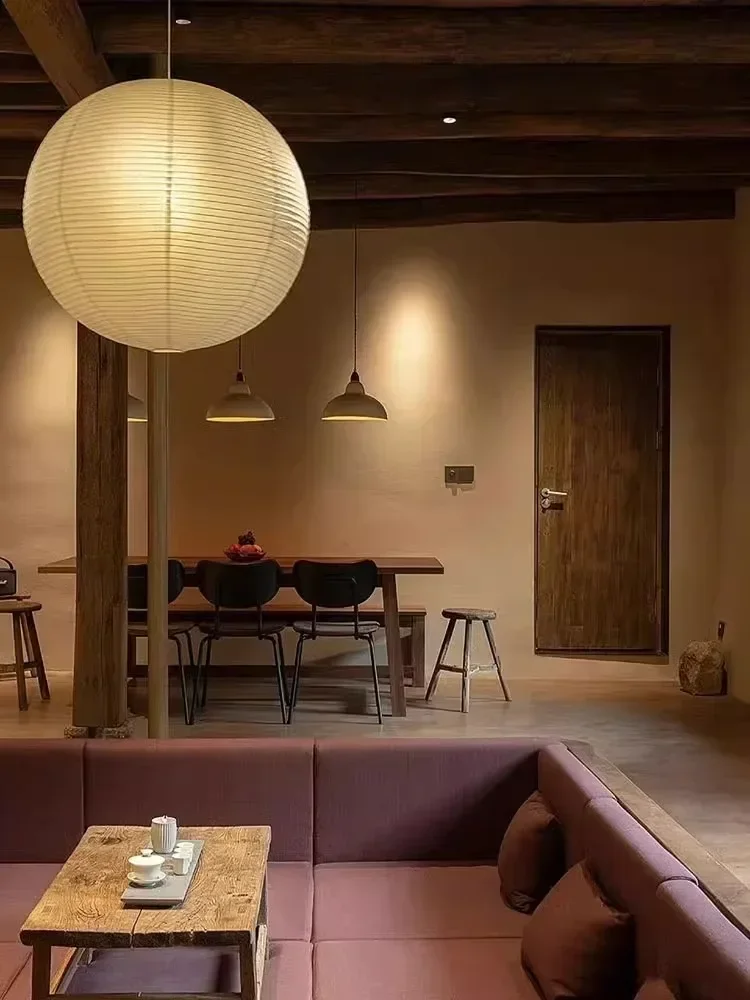 Japanese Wabi Sabi Style Ball Retro Paper Lamp LED Ball Shaped Bedroom Clothing Store Xuan Paper Homestay Pendant Light