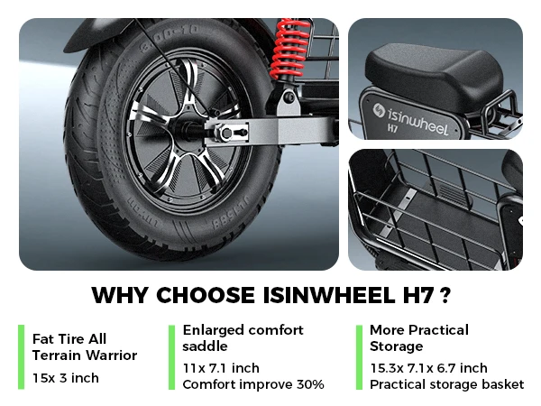 isinwheel H7 Electric Scooter for Adults, 16" Fat Tire, 1500W Motor, 48V 15.6Ah Battery, 37–43 Miles Range, Up to 35 MPH, Dual Suspension & Hydraulic Disc Brakes, Black