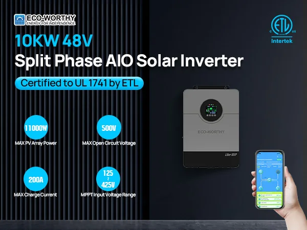 ECO-WORTHY 10KW 48V Off-grid Inverter 120V/220V Split Phase 200A Charger UL1741 forHome Backup, Emergency Power