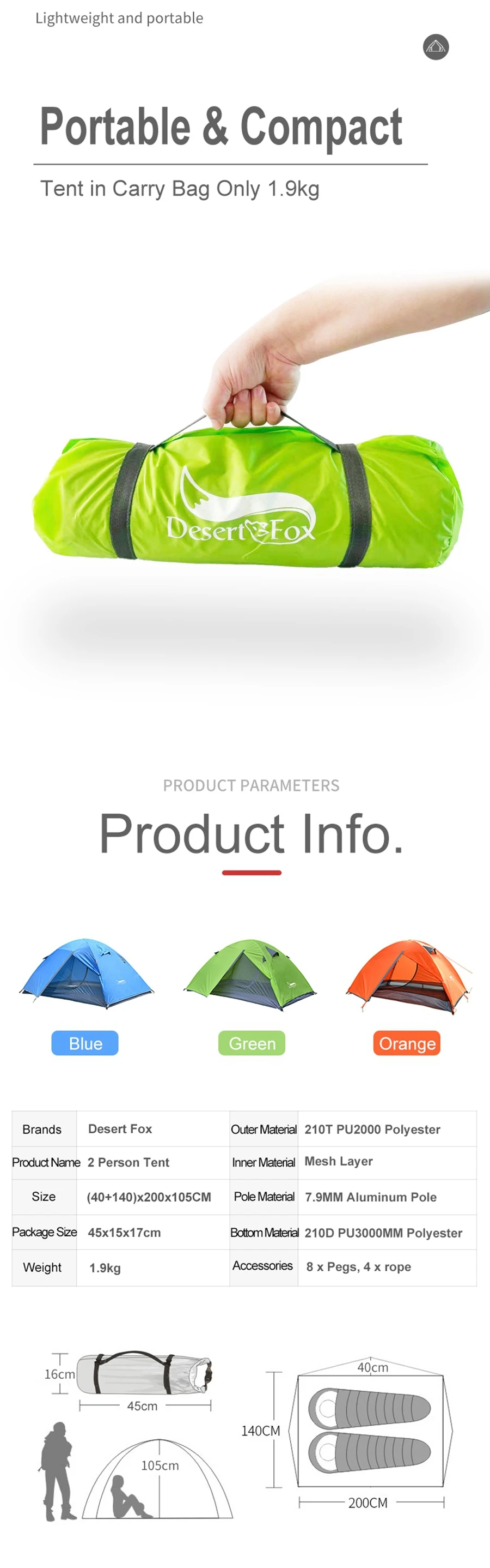 Desert&Fox 2 Person Tent Lightweight 3 Season Backpacking Tents for Couple Family Hiking Camping Aluminum Pole Waterproof Tent