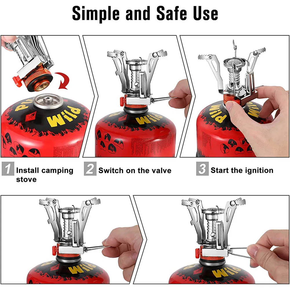 Outdoor Portable Camping Stove Backpacking Gas Stove with Piezo Ignition Wind-Resistant Stable Support for Cooking