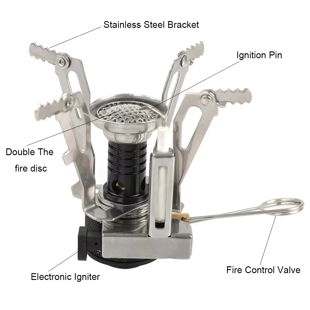 Outdoor Portable Camping Stove Backpacking Gas Stove with Piezo Ignition Wind-Resistant Stable Support for Cooking
